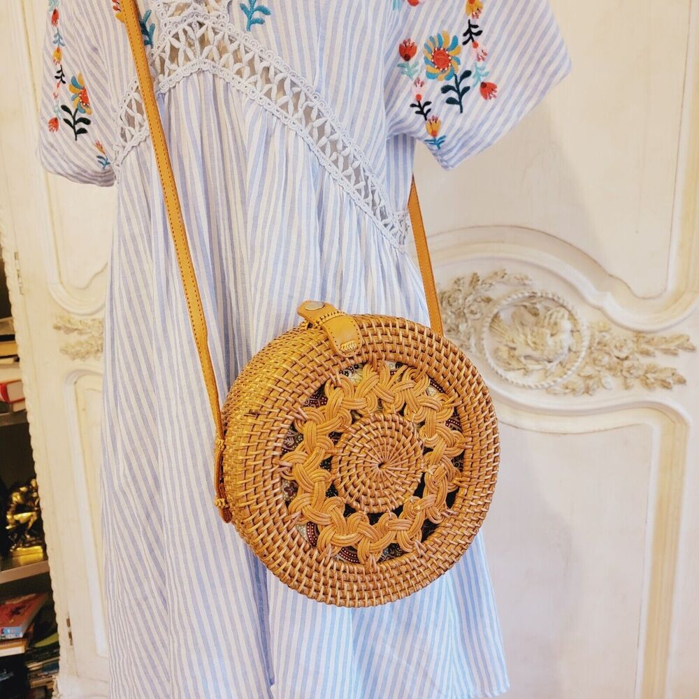Round Ata Rattan BagWoven Wicker Boho Shoulder Bag Crossbody Purse